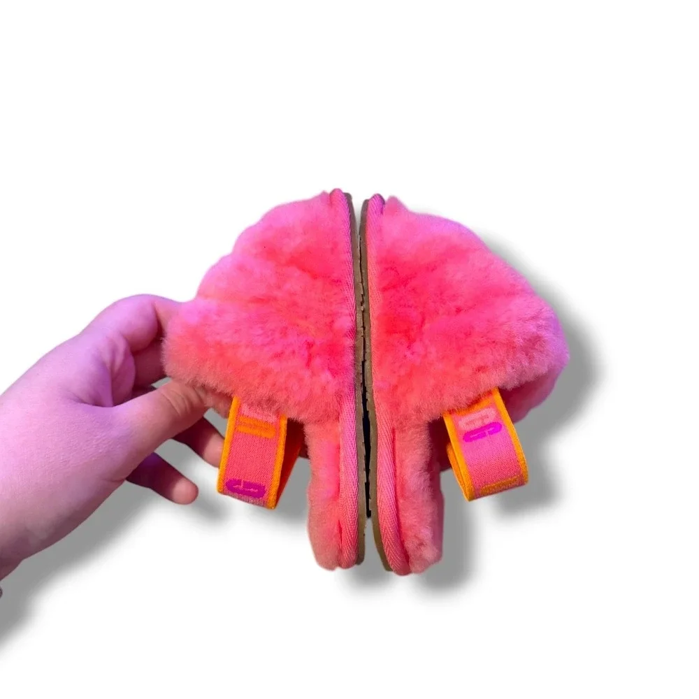 UGG Fluff Yeah Slide Sandals Toddler Size 6 Neon Pink Orange Sheepskin Slingback
